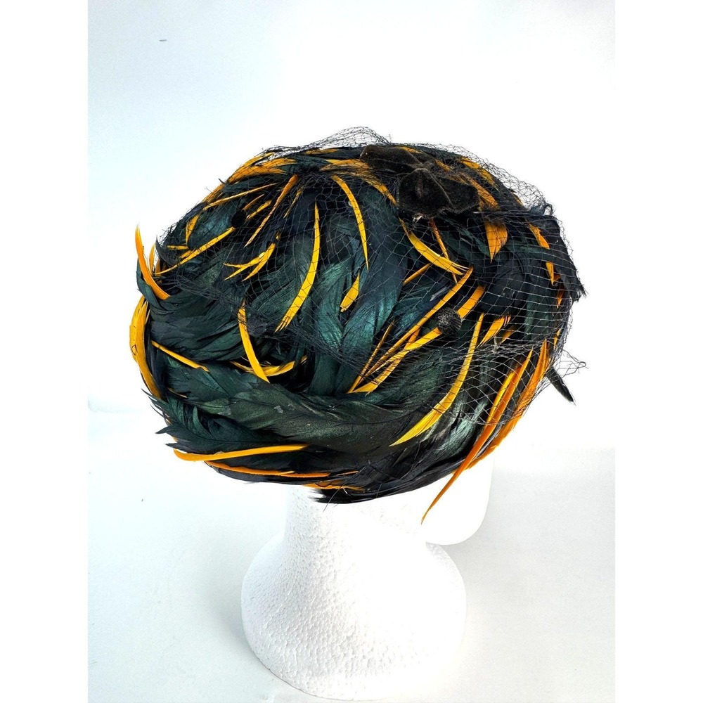 Vintage Christian Dior Chapeaux Feather Hat Netted Bow Green Orange 1950s 60s